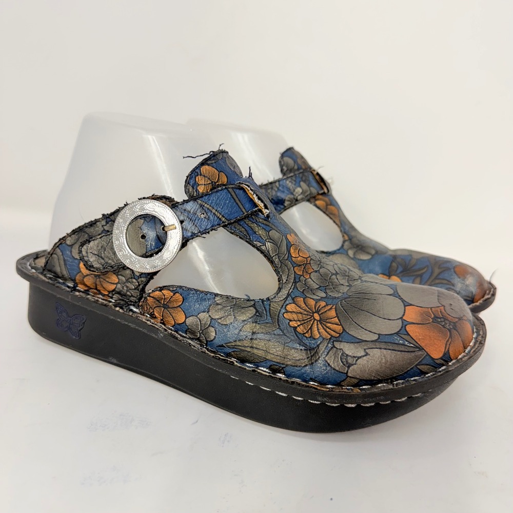 Alegria ALG-336 Blue Floral Leather T-Strap Clogs Mules Women 37